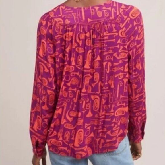 Anthropologie 52 Conversations Colloquial Yoked Button Down Toot Your Horn Sz 10 - Picture 3 of 15